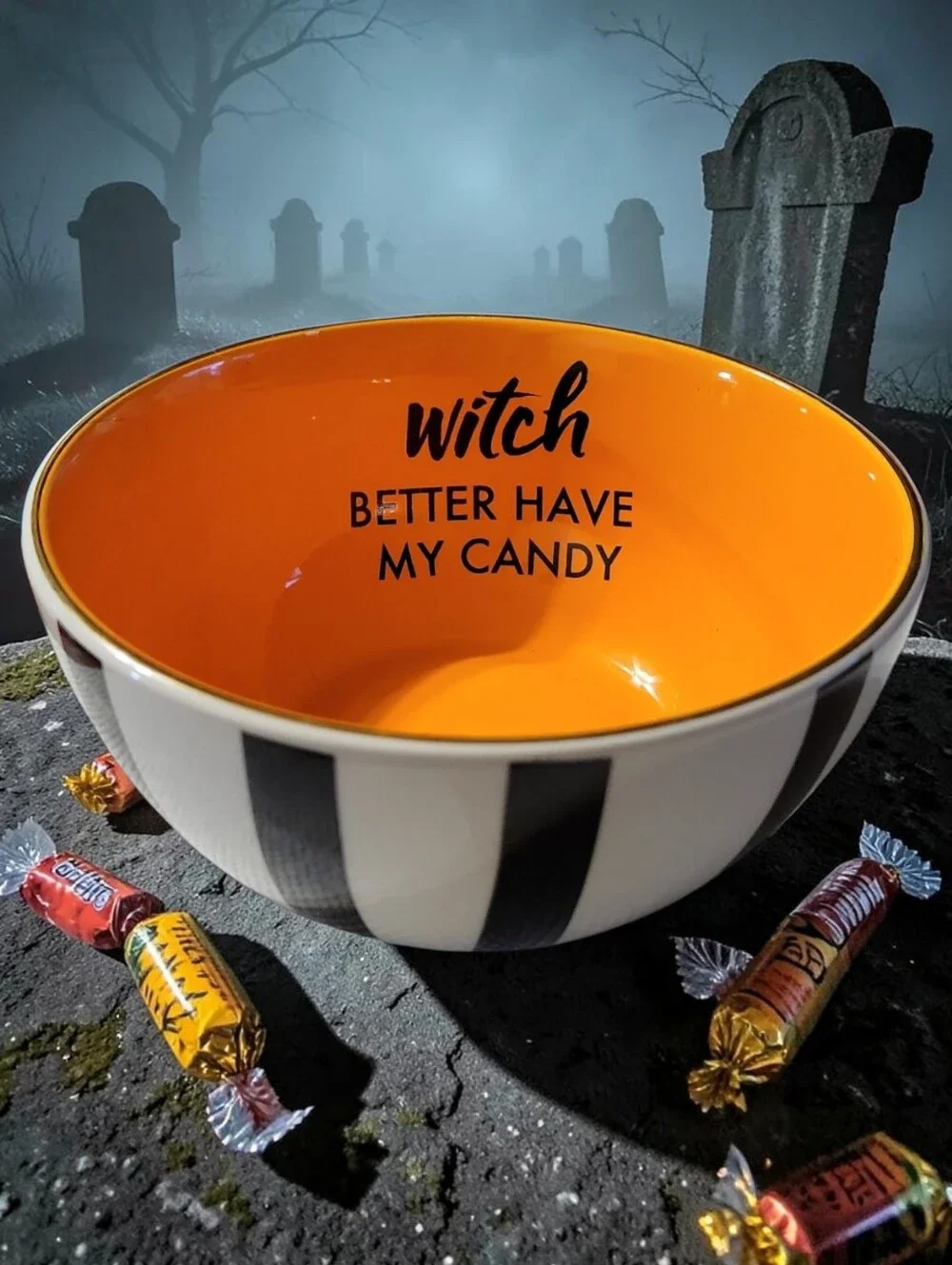 Witch Better Have My Candy Ceramic Halloween Candy Bowl Gold Rim Black Stripes